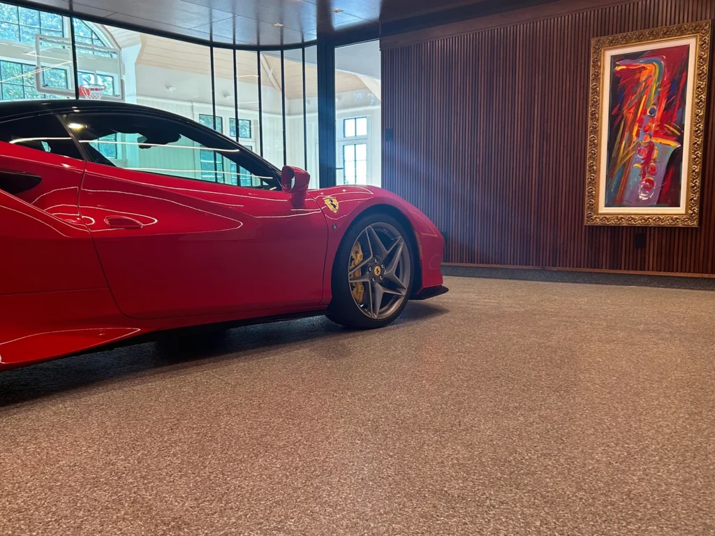 Non-slip flake epoxy garage floor coating with water beading