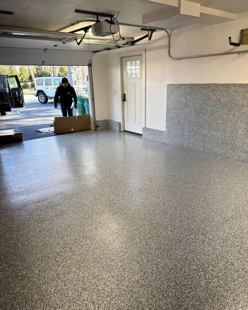 Epoxy garage floor installed in a heated Boston garage during winter