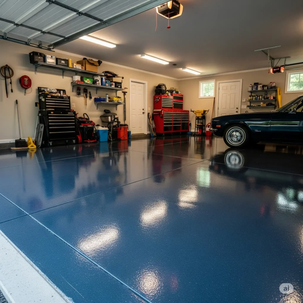 Peeling DIY epoxy garage floor lifting at the door